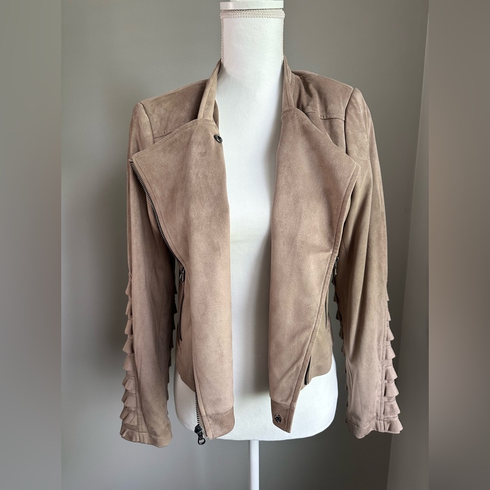 Tan Leather Jacket with Ruched Sleeves